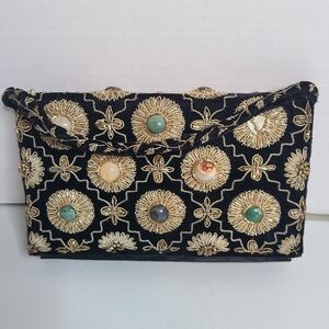 Vintage Black Velvet Purse Embellished Beaded Gold Embroidered Handmade